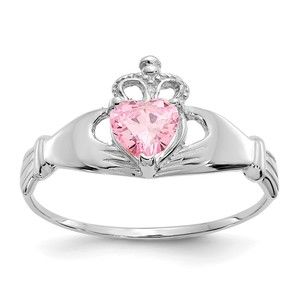 14k White Gold CZ October Birthstone Claddagh Heart Ring, Size 7